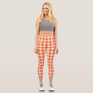 Coral Yellow Checker Diamond Pattern  Capri Leggings