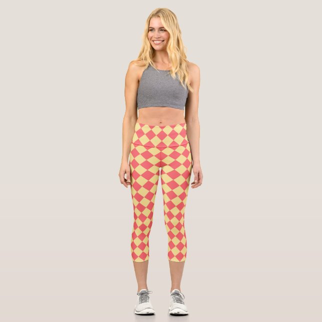 Coral Yellow Checker Diamond Pattern  Capri Leggings (Front)