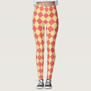 Coral Yellow Checker Diamond Pattern Leggings