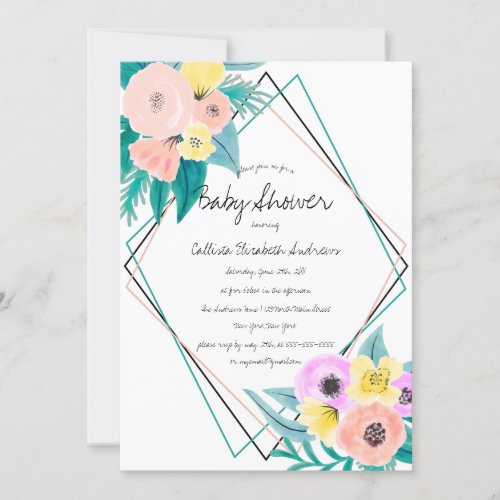 Coral Yellow Floral Watercolor Frame Baby Shower Invitation