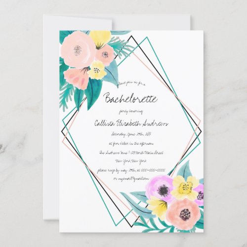 Coral Yellow Floral Watercolor Frame Bachelorette Invitation