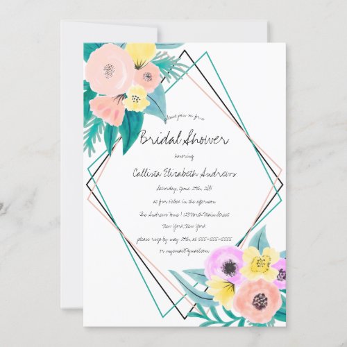 Coral Yellow Floral Watercolor Frame Bridal Shower Invitation