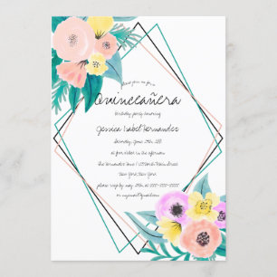 Coral Yellow Floral Watercolor Frame Quinceañera Invitation