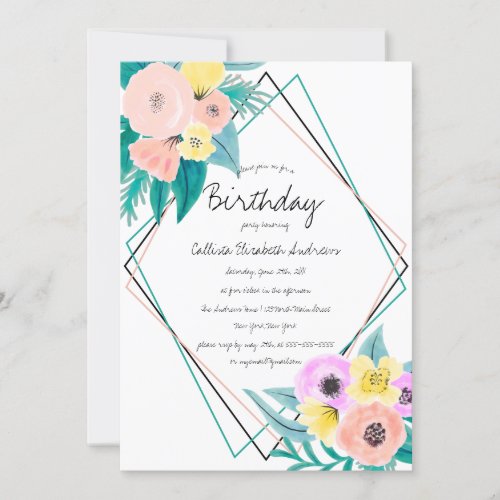 Coral Yellow Floral Watercolor Geo Frame Birthday Invitation