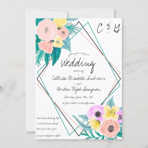 Coral Yellow Floral Watercolor Geo Frame Wedding Invitation