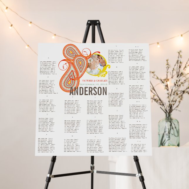 Coral Yellow Paisley Photo Wedding Seating Chart Foam Board (In Situ (Stand))