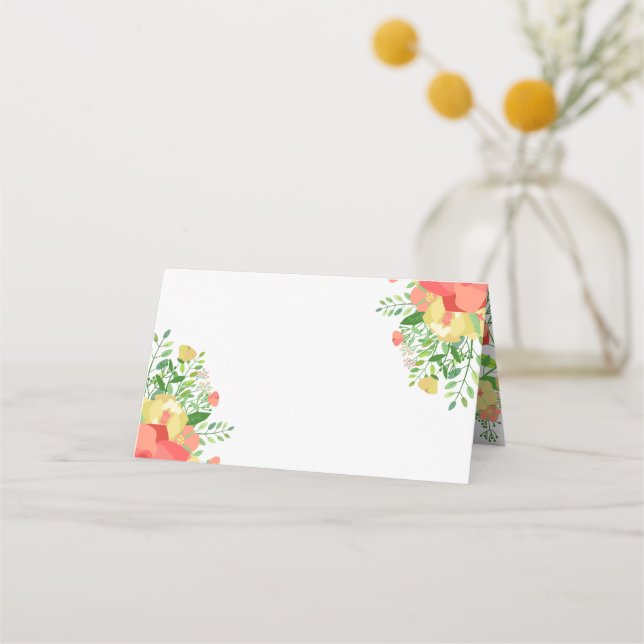 Coral & Yellow Rose Bouquet Place Card (Front)