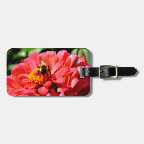Coral zinnia with bumblebee luggage tag