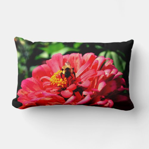 Coral zinnia with bumblebee lumbar pillow