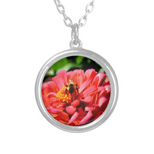 Coral zinnia with bumblebee silver plated necklace