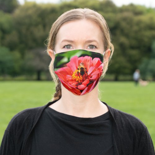 Coral zinnia with honey bee adult cloth face mask