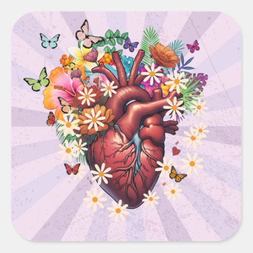 Corazon vintage between flowers and moths square sticker