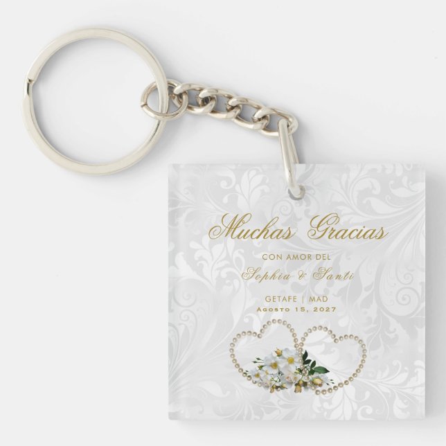 Corazones De Perlas Y Flores, Damasco Gracias Keychain (Front)