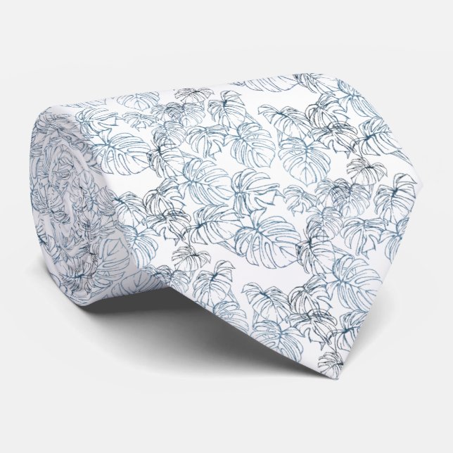 Corbata blanco con hojas azules dispersas neck tie (Rolled)