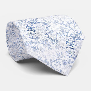 Corbata elegante blanco con corales y hojas azules neck tie