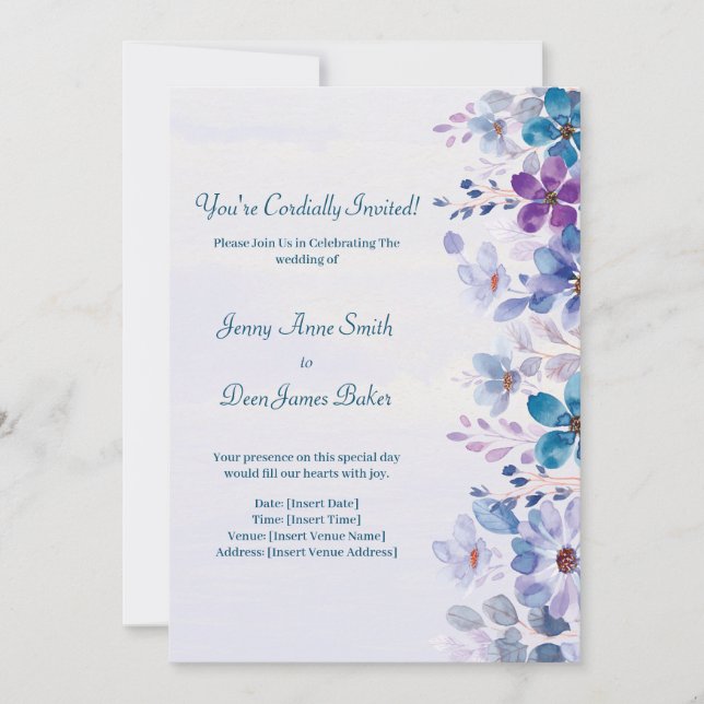 Cordial Purple and Blue Watercolor Floral Wedding  Invitation (Front)
