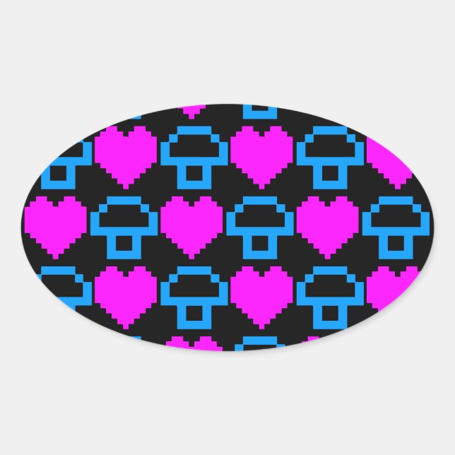 Corey Tiger 80s 8-bit Mushrooms Hearts Oval Sticker (Front)