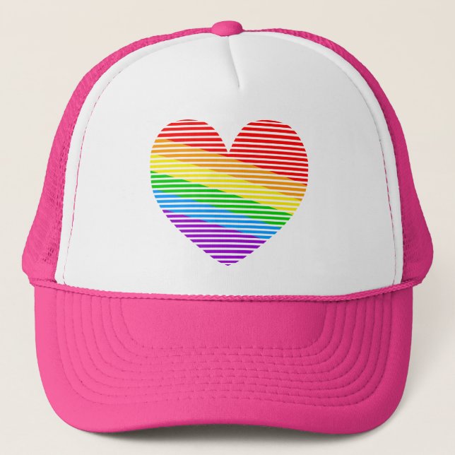 Corey Tiger 80s Rainbow Stripe Heart  Trucker Hat (Front)