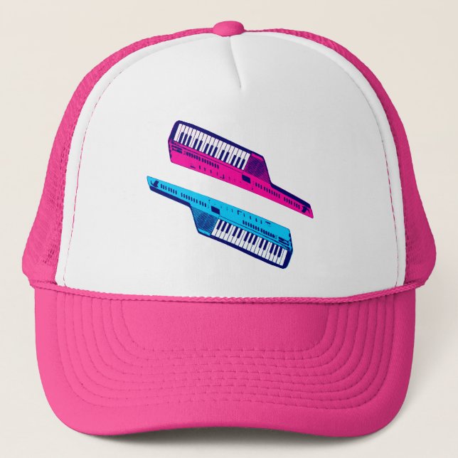 Corey Tiger 80's Retro Keytar Pink & Blue Trucker Hat (Front)