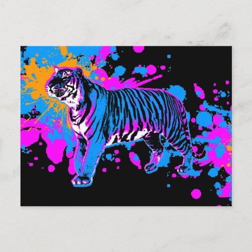 Corey Tiger 80s Retro Paint Splatter Tiger Postcard