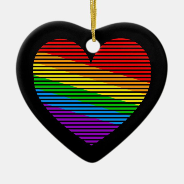 Corey Tiger 80s Retro Rainbow Stripe Heart Ceramic Ornament (Front)