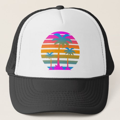 Corey Tiger 80s Retro Sunset Palm Trees Trucker Hat