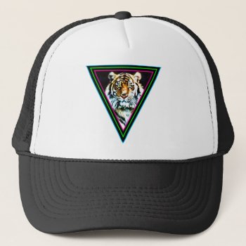 Corey Tiger 80s Vintage Neon Triangles Tiger Face Trucker Hat by COREYTIGER at Zazzle