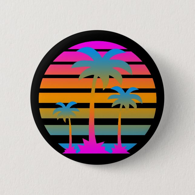 COREY TIGER RETRO SUNSET PALM TREES PINBACK BUTTON (Front)