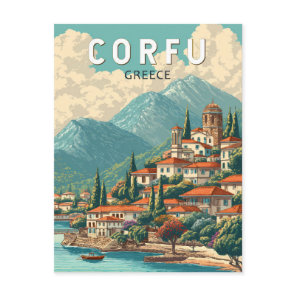 Corfu Greece Illustration Travel Art Vintage Postcard
