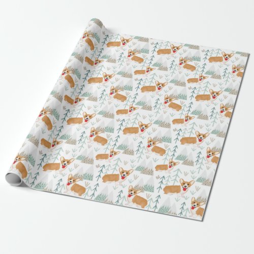 Corgi Adventure in the mountains pattern _ white Wrapping Paper