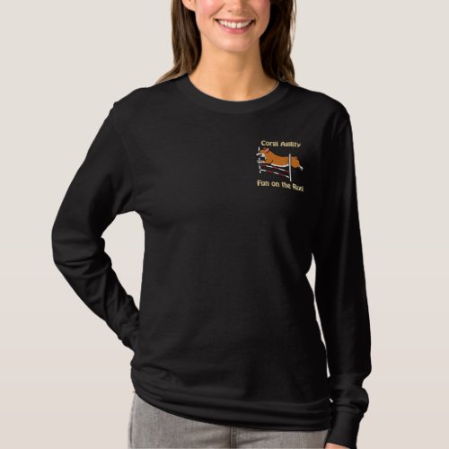 Corgi Agility Jump Embroidered Long Sleeve T_Shirt
