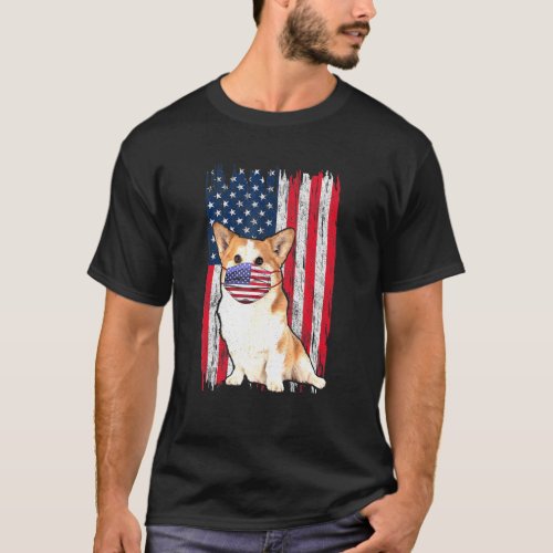 Corgi American Flag Dog Wears Face Mask 4th Of Jul T_Shirt