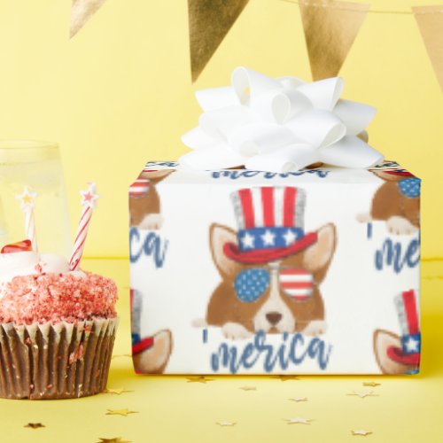 Corgi American Hat Patriotic Stars and Stripes  Wrapping Paper