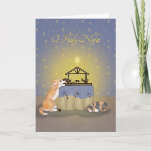 Corgi and cat with nativity scene Christmas card
