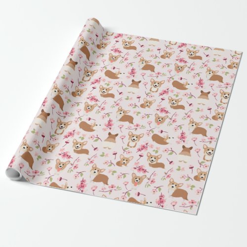 Corgi And Cherry Blossoms Sakura Pink Pattern Wrapping Paper