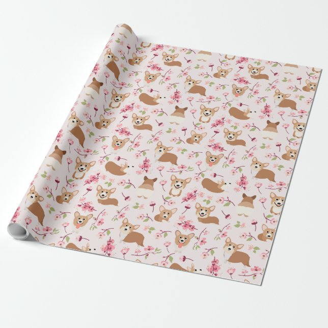 Corgi And Cherry Blossoms Sakura Pink Pattern Wrapping Paper (Unrolled)