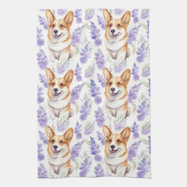 Corgi and Lavender Flowers Pattern Kitchen Towel (Vertical)