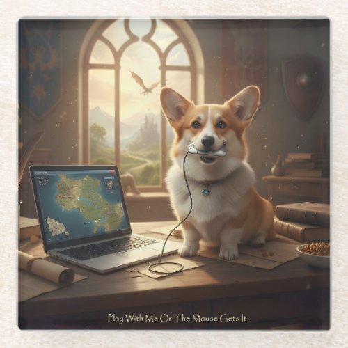 Corgi and Mouse Glass Coaster