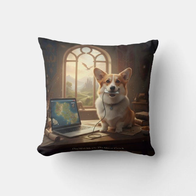 Corgi and Mouse Throw Pillow (Front)