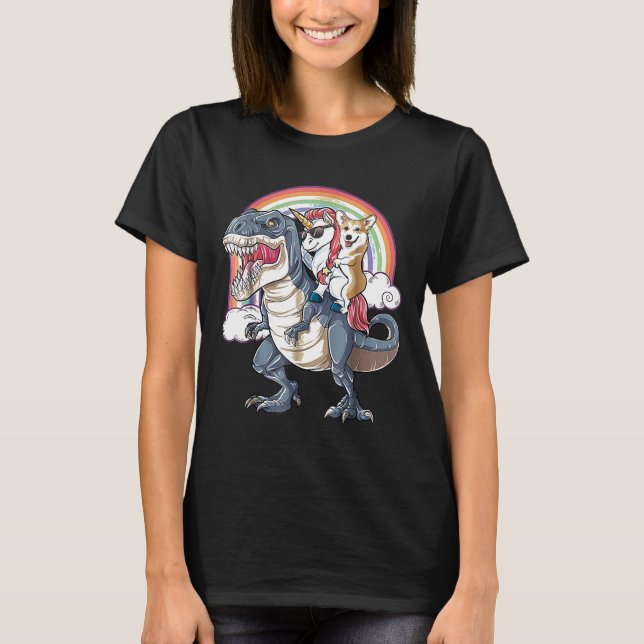 Corgi And Unicorn Ride T Rex Like Boss T-Shirt (Front)