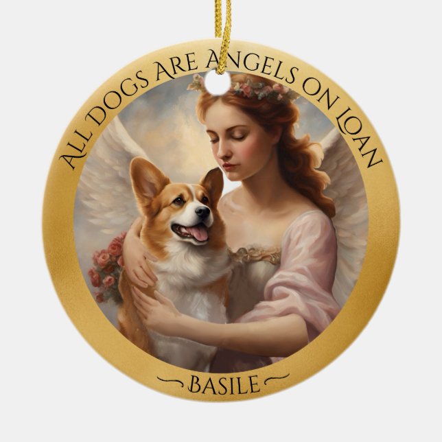 Corgi Angel Personalized Memorial  Ceramic Ornament (Front)