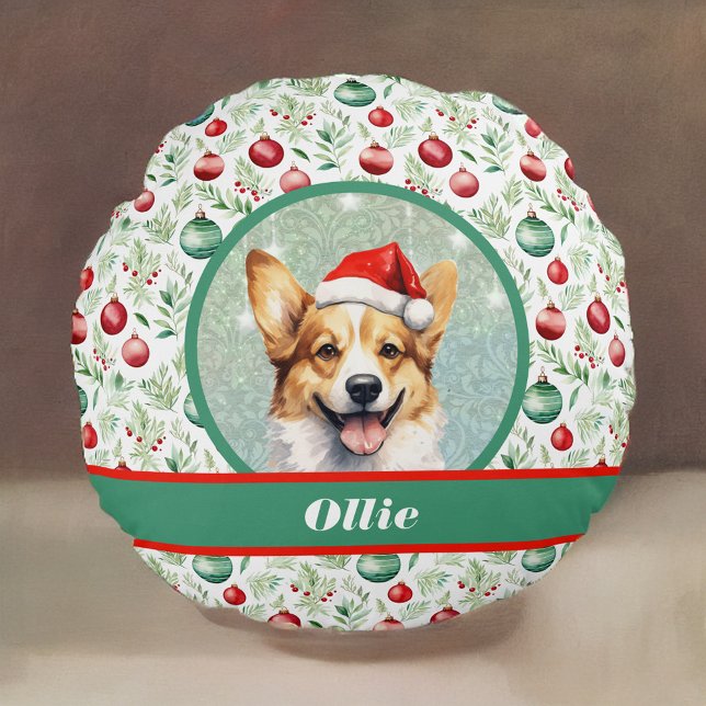 Corgi Art with Santa Hat and Christmas Pattern Round Pillow (Creator Uploaded)