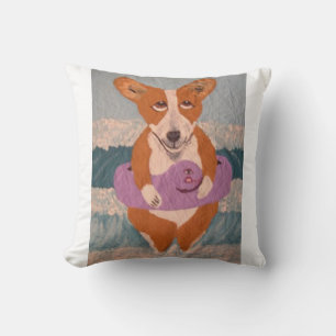 Corgi at the Beach T-Shirt Throw Pillow