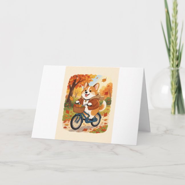 Corgi Autumn Bicycle Ride Greeting Card