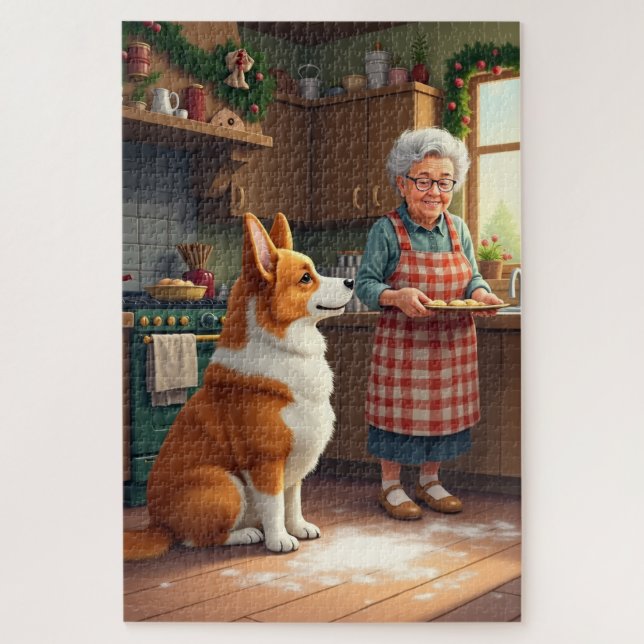 Corgi Baking with Grandma Christmas Painting Jigsaw Puzzle (Vertical)