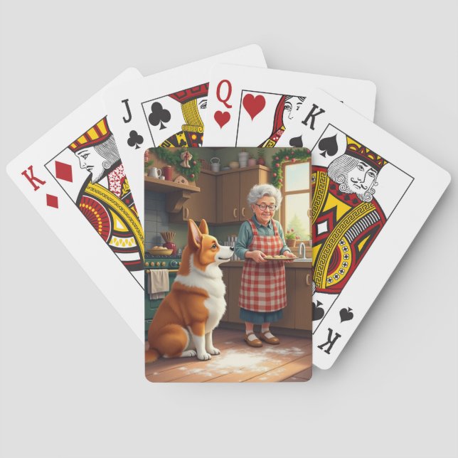 Corgi Baking with Grandma Christmas Painting Poker Cards (Back)