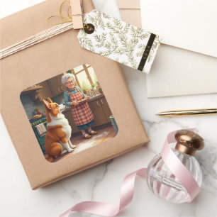 Corgi Baking with Grandma Christmas Painting Square Sticker
