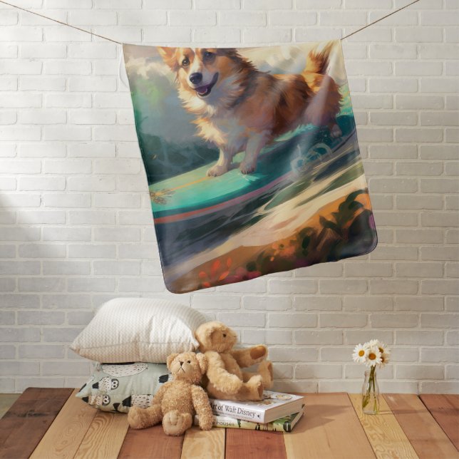 Corgi  Beach Surfing Painting  Baby Blanket (In Situ)