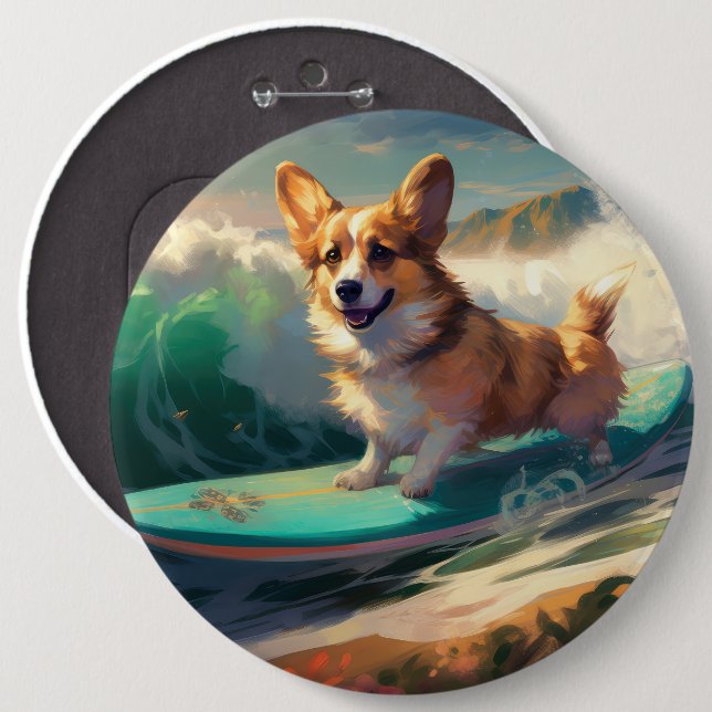 Corgi  Beach Surfing Painting  Button (Front & Back)