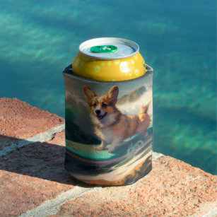Corgi  Beach Surfing Painting  Can Cooler